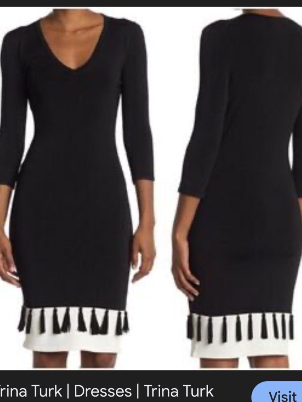 NWT $398 Trina Turk Lotus Tassel Dress in black & white, Sz Med, form hugging